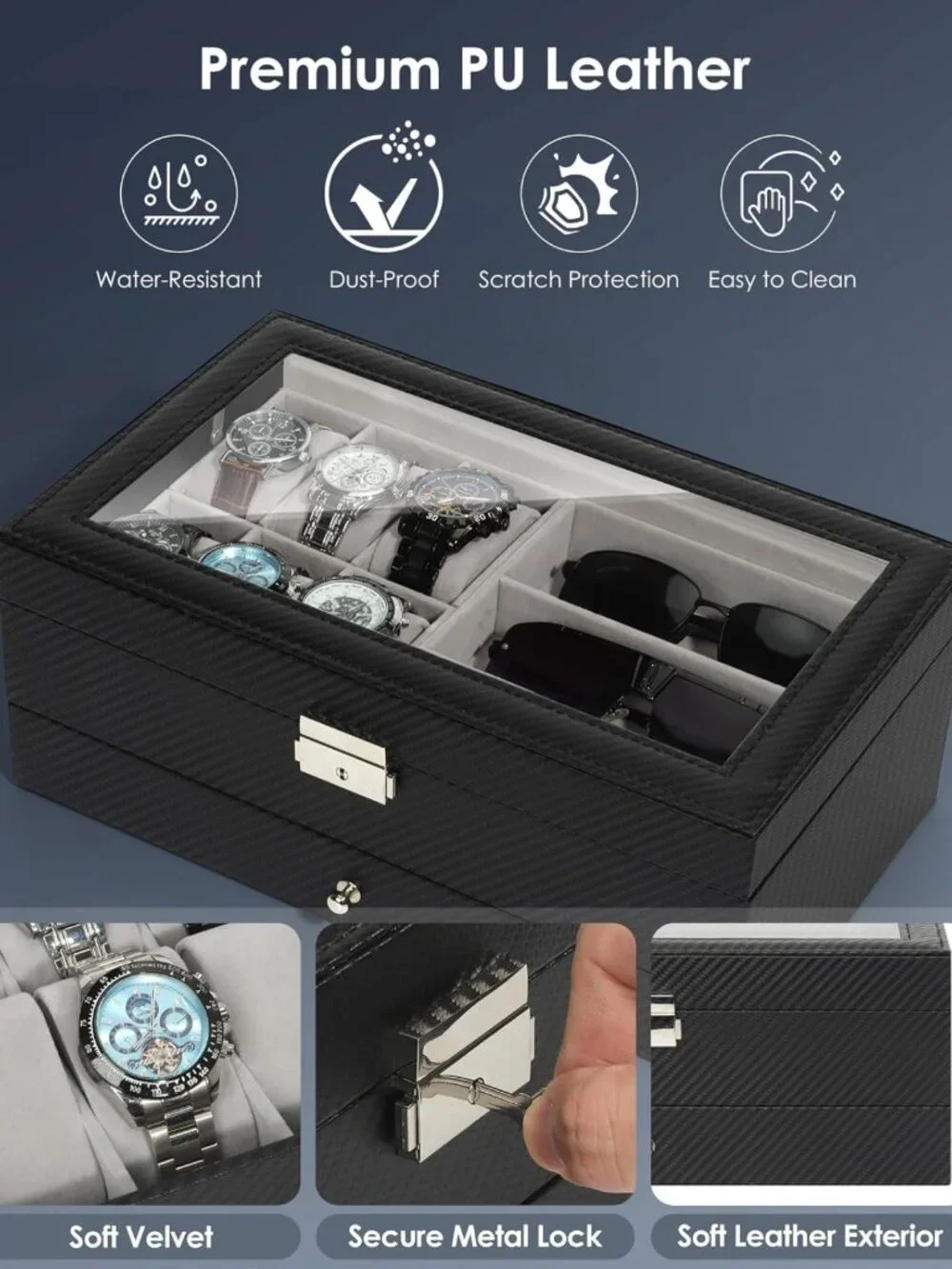 Men's Jewelry Box Organizer - 6 Watch Slots & 3 Sunglasses Compartments - Grey